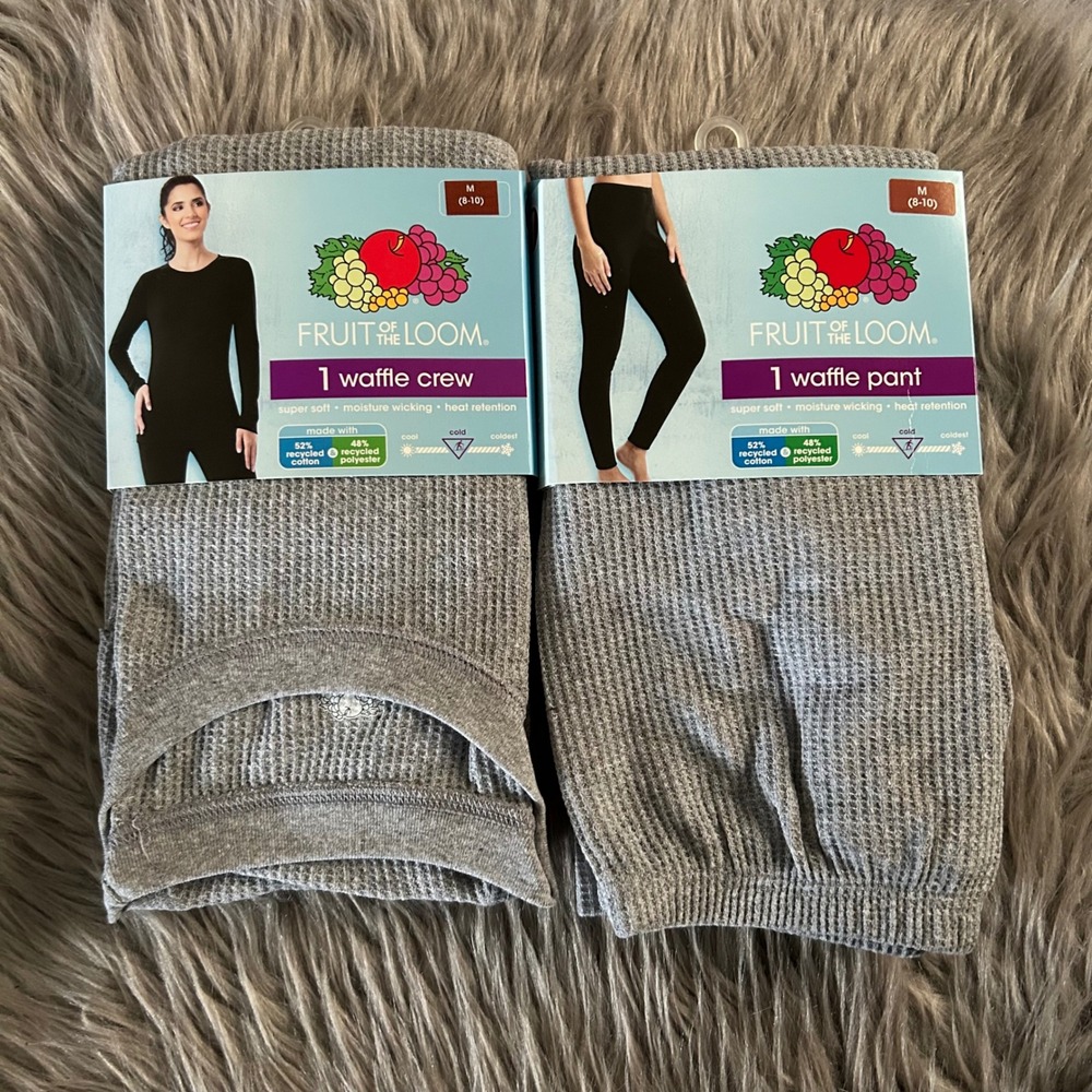 Fruit‎ Of The Loom Thermal Set Womens Size Medium Gray Waffle Crew Shirt Pants